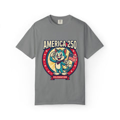 America 250 Celebration T-Shirt — Retro Patriotic Cat Skippy