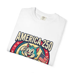 America 250 Celebration T-Shirt — Retro Patriotic Cat Skippy