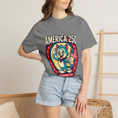 America 250 Celebration T-Shirt — Retro Patriotic Cat Skippy