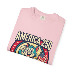 America 250 Celebration T-Shirt — Retro Patriotic Cat Skippy
