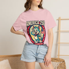 America 250 Celebration T-Shirt — Retro Patriotic Cat Skippy