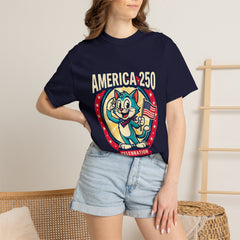 America 250 Celebration T-Shirt — Retro Patriotic Cat Skippy