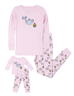 Leveret Kids Pajamas Matching Doll & Girls Pajamas 100% Cotton Pjs Set (Tea CupSize 5 Toddler)