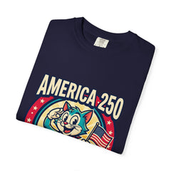 America 250 Celebration T-Shirt — Retro Patriotic Cat Skippy